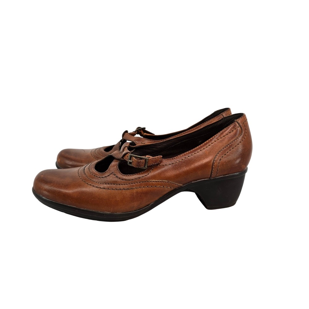 Clarks Womens Brown Leather T-Strap Mary Jane Block Heel Pumps 89509 Size 10M